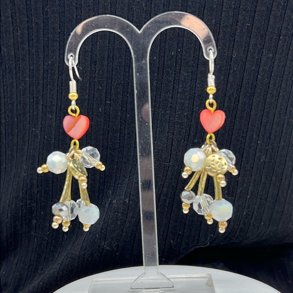 🌟Adorned Crown Jewelry assemblage red mother of Pearl heart bead burst earrings